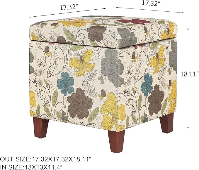 Adeco 18 Inch High Cube Ottoman Storage, Floral Printed Linen Chair Foot Stools, Upholstered Vanity Stool with Hinged Lid, Solid Wood Legs-DeskLoop Office
