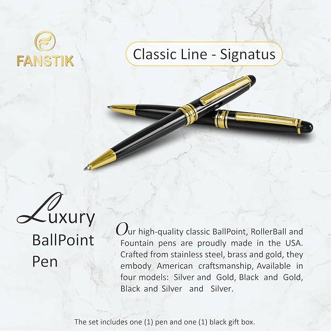 Customized BallPoint pen with name (MADE IN USA), stainless steel, black and gold, luxury engraved pen personalized for men and for women. (BallPoint Black-Gold)-DeskLoop Office