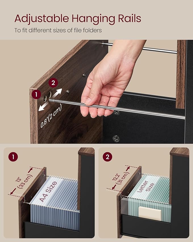 VASAGLE 2-Drawer File Cabinet, Small Rolling Filing Cabinet for Home Office, Printer Stand, for A4, Letter-Size Documents, 15.7 x 16.5 x 27.6 Inches, Natural Walnut and Ink Black UOFC040K01-DeskLoop Office