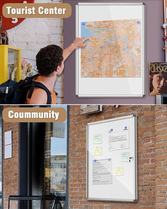 38"x28" Enclosed Bulletin Board, Lockable Weather-Resistant Aluminum Noticeboard for School & Office, Silver Frame w/Magentic Whiteboard-DeskLoop Office