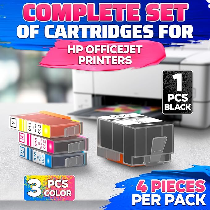 910XL Printer Ink Cartridges 4 Pcs – Includes 910XL Black & Color Ink – Compatible with HP 8020, 8025, 8028, 8030, 8035, 8010, 8015, 8018, 8022 – Quality Prints – Easy Installation-DeskLoop Office