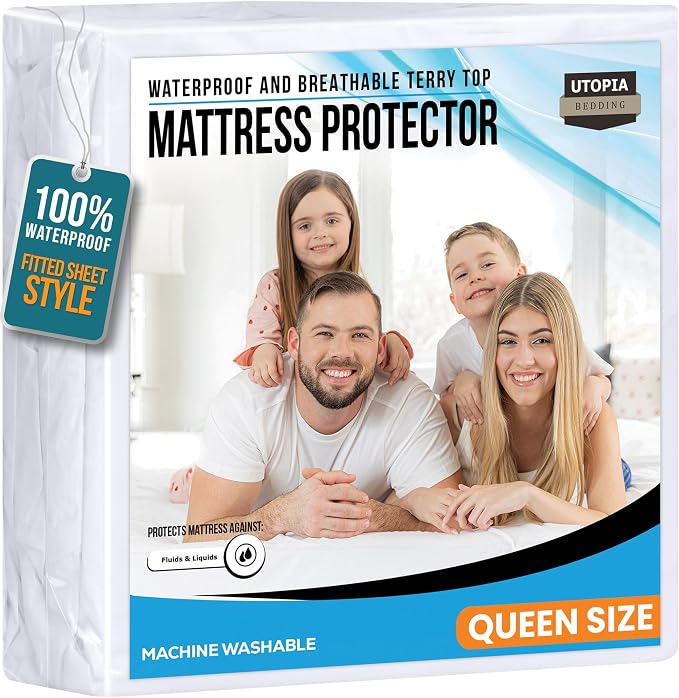 Queen Size Mattress Protector Waterproof, Premium 200 GSM Terry Mattress Cover by UTOPIABEDDING