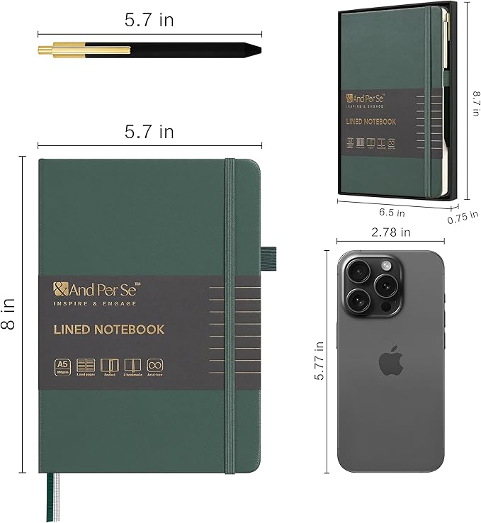 A5 Lined Leather Journal and Pen Set, Hardcover Notebook with Pen, 160 Pages 100gsm Thick Ruled Paper for Men Women, for Work, Business, School or Home Writing, 5.7'' x 8'', Gift Box Included(Green)-DeskLoop Office