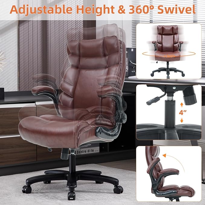 Big and Tall Office Chair 500lbs Wide Seat Executive Office Desk Chair High-Back Office Task Chair with Flip-Up Armrest, Ergonomic Lumbar Support Computer Office Chairs for Heavy People(Brown)-DeskLoop Office