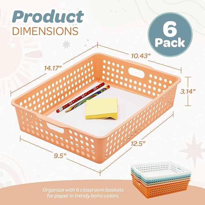 4E's Novelty 6 Pack Classroom Paper Baskets, Organizing Desk Boho Tray - Image 3