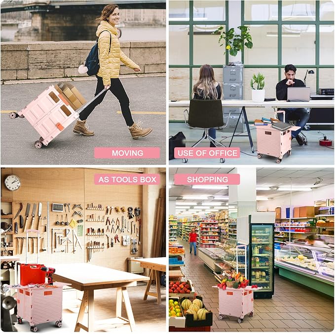 FELICON SELORSS Folding Utility Cart Portable Rolling Crate Handcart-Pink | - Image 6