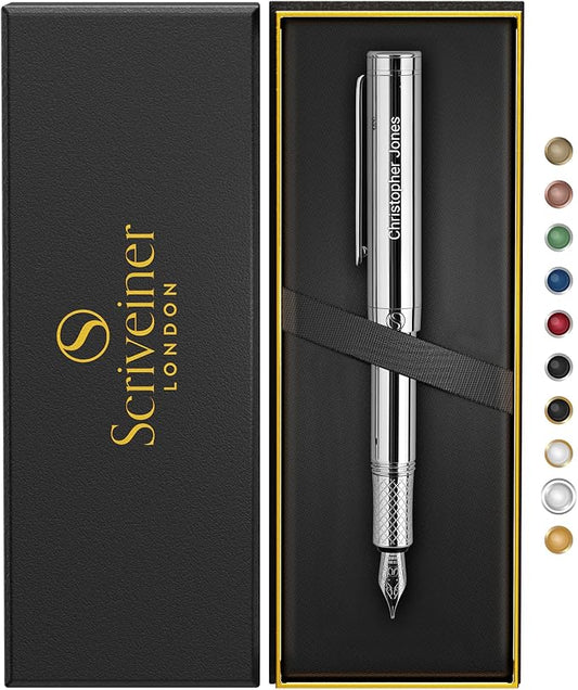 Scriveiner Personalized Silver Chrome Fountain Pen, Award Winning Luxury Pen by Scriveiner