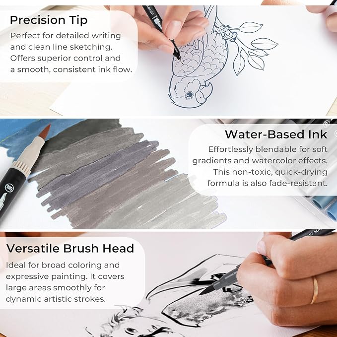 ZSCM Gray Duo Tip Marker Pens, 12 Pack Fine & Brush Markers - Image 3