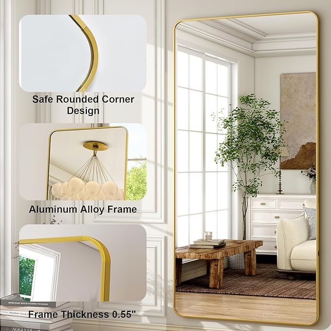 HARRITPURE 80x40 inch Oversized Full Length Mirror Aluminum Frame Floor Mirror Rectangular Full Body Mirror with Stand for Living Room,Bedroom,Cloakroom,Gold-DeskLoop Office
