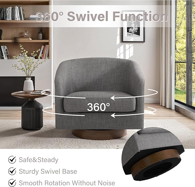 UIXE Swivel Accent Chair with Wood Base, Fabric Upholstered Barrel Chairs for Living Room, Comfy Round Armchair Single Sofa Bedroom Reading Seat - 31" W, Gray-DeskLoop Office