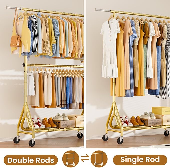 Double Rods Clothing Rack, Heavy Duty Clothes Rack for Hanging Clothes Load 560LBS, Metal Rolling Garment Racks with Wheels, Freestanding Clothes Hanging Racks, Gold-DeskLoop Office
