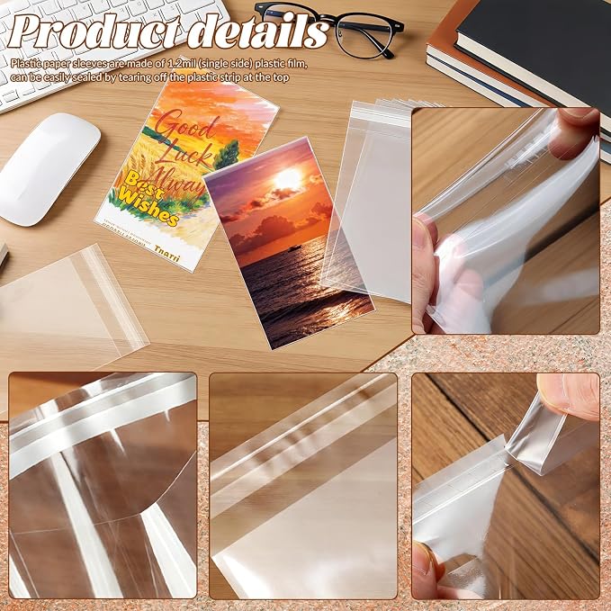 VOKOY 200 Pack Cellophane Bags Self Sealing, Resealable Clear Plastic Sleeves - Image 3