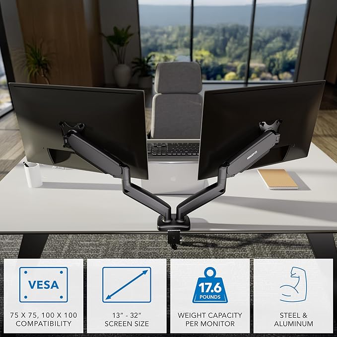 Mount-It! Dual Monitor Desk Mount – Full Motion Gas Spring Arms, Fits 13 to 32 Inch Screens, Holds 17.6 lbs per Arm, Dual Monitor Stand, VESA Mount, C-Clamp & Grommet Base-DeskLoop Office
