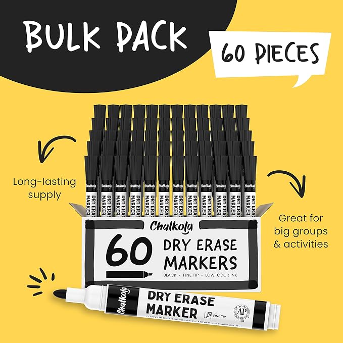 Chalkola Black Dry Erase Markers Fine Tip Bulk Pack of 60, Back to School - Image 2