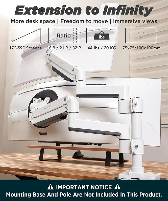 Heavy Duty Extension Arm [Accessory Only - Requires MA20PW-S Single Monitor Arm for Use] Dual 49" Vertical Stacked Monitor Mount Height Adjustable - 100x100 VESA Mount, White, MA20PW-A-DeskLoop Office