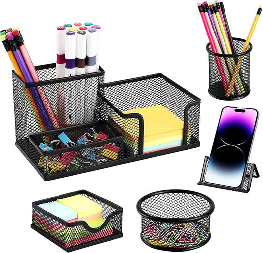 Mesh Pen Holder for Desk Pencil Holders 5 Pieces Desk Organizer Office Supplies Caddy with Sticky Notes Holder for Office School Home Black-DeskLoop Office