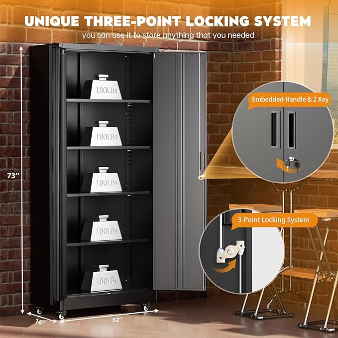 Greenvelly 74" Metal Storage Cabinet with Wheels, Lockable Rolling Metal Garage Cabinets with 2 Doors and 4 Adjustable Shelves, Rolling Tool Cabinet for Garage, Home Office, School-DeskLoop Office