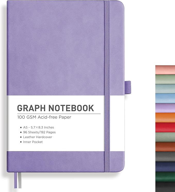 RETTACY Graph Grid Paper Notebook, 192 Pages, A5 Medium Size (5.7'' x 8.3''), 5 Squares per Inch, Leather Hardcover, 100 GSM Thick Paper, for School, Students, Math, Engineering (Purple)-DeskLoop Office