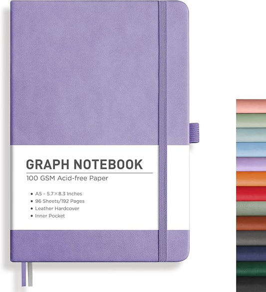 RETTACY Graph Grid Paper Notebook, 192 Pages, A5 Medium Size (5.7'' x 8.3''), 5 Squares per Inch, Leather Hardcover, 100 GSM Thick Paper, for School, Students, Math, Engineering (Purple)-DeskLoop Office