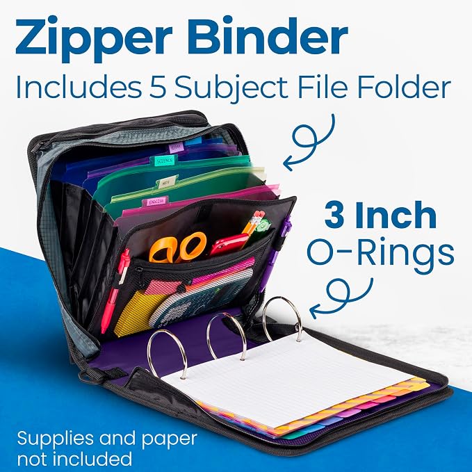 Case-it Mighty Zip Tab School Zipper Binder | 3-Inch O-Rings, 600-Sheet Capacity - Image 2