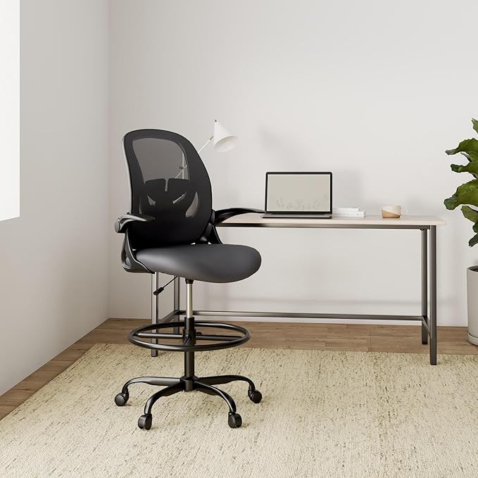 Primy Drafting Chair Tall Office Chair with Flip-up Armrests Executive Ergonomic Computer Standing Desk Chair with Lumbar Support and Adjustable Footrest Ring（Dark Gray）-DeskLoop Office