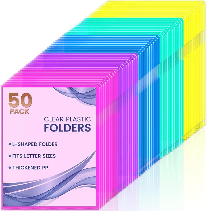 Sooez 50 Pack Clear Document Folder Project Pockets, 5 Assorted Colors by Sooez