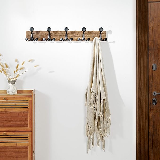 SKOLOO 24-Inch Wood Burnt Coat Rack Wall Mount with 5 Triple Hooks - Ideal for Family Entrances, Classrooms, and Pet Supplies Storage - Perfect Coat Hooks for Wall, Pack of 2-DeskLoop Office