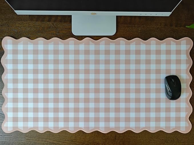 Scalloped‌ Checkered Desk Mat Cute Light Brown Gingham XXL Large Gaming Mouse - Image 6