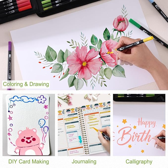 nauets 60 Colors Brush & Fine Dual Tip Watercolor Markers Set for Kids Adults Coloring Books No Bleeding Paint Pens For Drawing Note taking Planner Calligraphy Journaling Card Making Art Supplies-DeskLoop Office