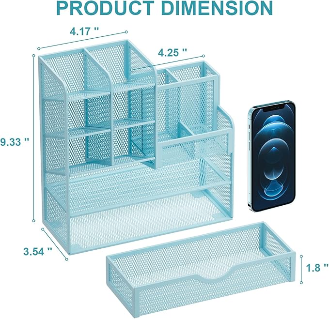 Marbrasse Mesh Pen Holder for Desk, Multi-Functional Pencil Organizer with Drawer, Desk Organizers and Accessories for Office Art Supplies (Blue)-DeskLoop Office