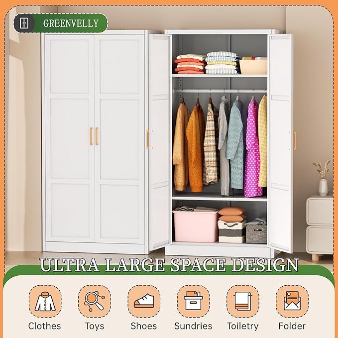 Greenvelly Metal Wardrobe Cabinet with Wooden Handle, 72" Metal Wardrobe Closet with Hanging Rods and Adjustable Shelves, Clothing Storage Closet Cabinet for Home, Office, Employee, Gym (White)-DeskLoop Office