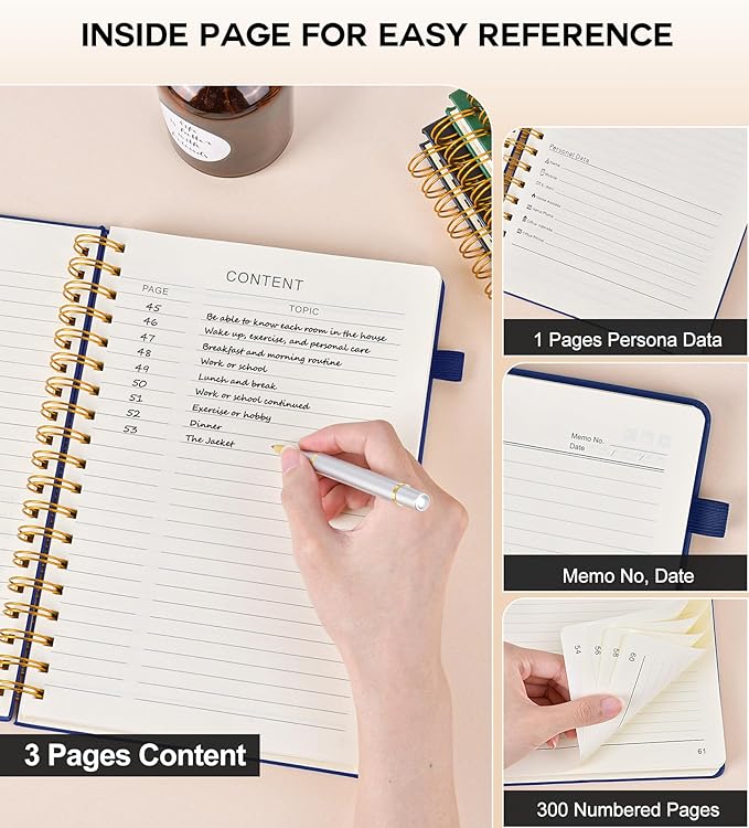 Large Spiral Notebook Journal for Women Men - 300 Numbered Lined Pages, College Ruled, A4 Hardcover Spiral Bound Notebook for School, Work, Note Taking, Writing, Leather Spiral Journal 8.5"x11"-DeskLoop Office