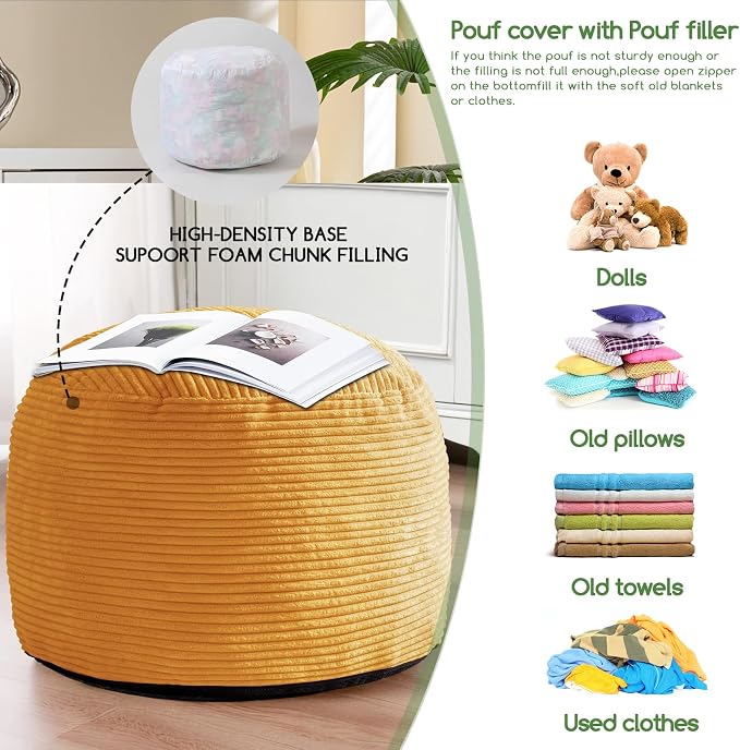 HIGOGOGO Round Stuffed Pouf Ottoman, Corduroy Poufs - Image 4