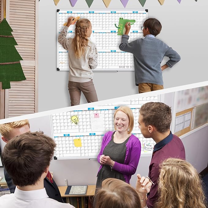 XBoard Magnetic Calendar Whiteboard 48" x 36", 12 Months Calendar Dry Erase Board, Silver Aluminium Framed White Board Planner for Home School Office Organization