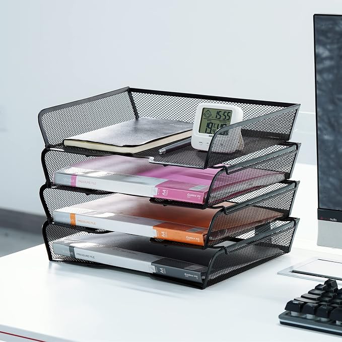 4 Tier Mesh Stackable File Trays Letter Trays, Office Paper Organizer - Image 2