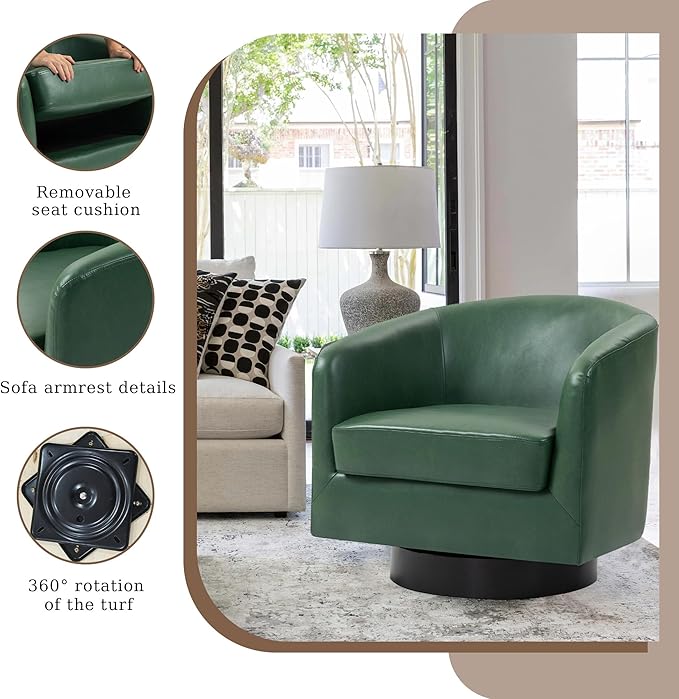 UIXE Faux Leather Swivel Accent Chair with Wood Base, Modern Upholstered Barrel Chairs for Living Room, Comfy Round Armchair Single Sofa Bedroom Reading Seat - 31" W, Green-DeskLoop Office