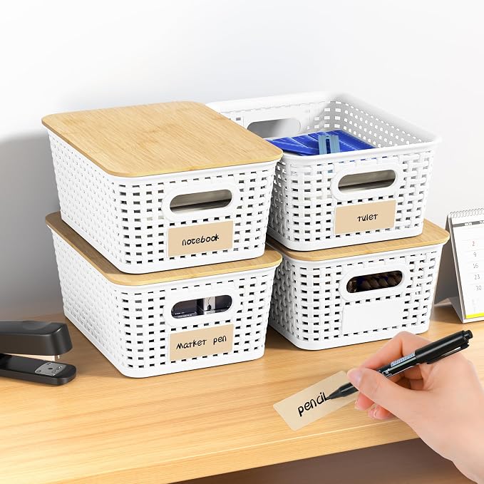Plastic Storage Baskets with Bamboo Lids and Labels, Stackable Storage - Image 8