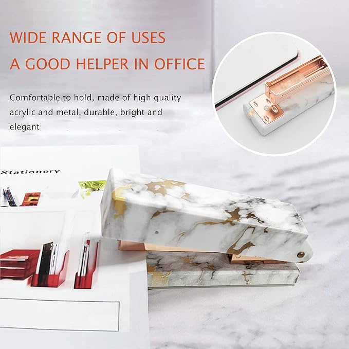 Rose Gold Marble Desk Accessories, Office Supplies Set Stapler Staple Remover - Image 3