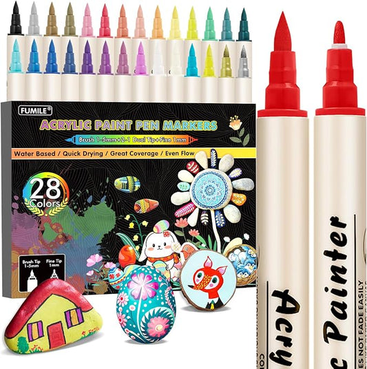 Easter Basket Stuffers Teens, 28 Colors Dual Tip Acrylic Paint Markers by FUMILE