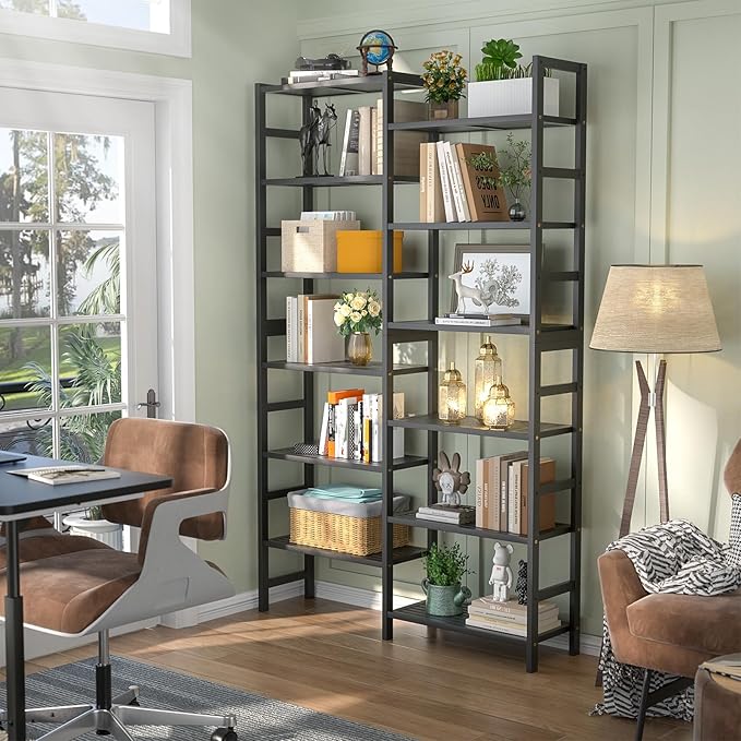 Homykic Double Wide Bamboo Bookshelf Black, 6-Tier Large Open Bookcase with 12 Display Shelves, 6ft Tall Freestanding Book Shelf for Home Office, Bedroom, Living Room, Plants-DeskLoop Office