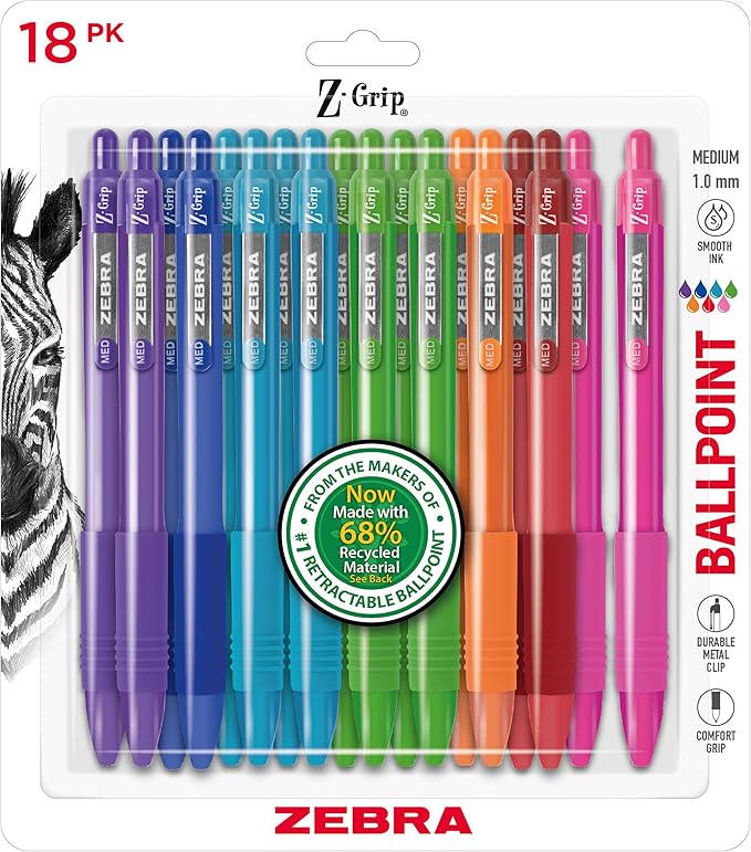 Zebra Pen Z-Grip Recycled Retractable Ballpoint Pens, Durable Metal Clip by ZebraPen