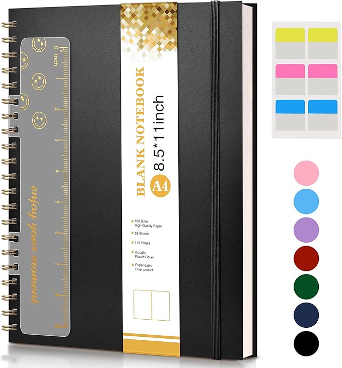 Blank Spiral Notebook Journal 8.5” x 11”, A4 Large Sketch Book for Women Men, 100 GSM Blank Paper Drawing Notebook, Plastic Hardcover Spiral Bound Sketchbook for Sketching Work School Writing, Black-DeskLoop Office