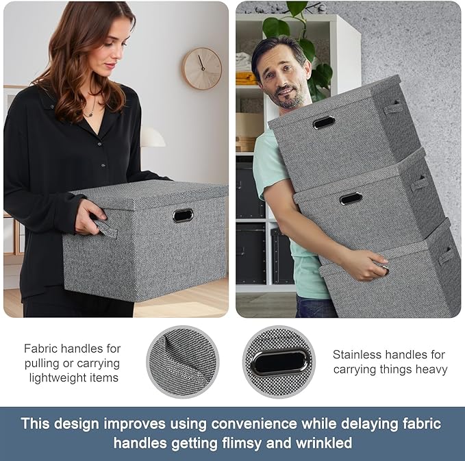Large 17" 36 Quart Collapsible Stackable Storage Bins with Lids, 3 Packs Black and White Mix Linen Fabric Closet Boxes with Lids, Storage Cube Baskets Container Organizers (17x12x11)-DeskLoop Office