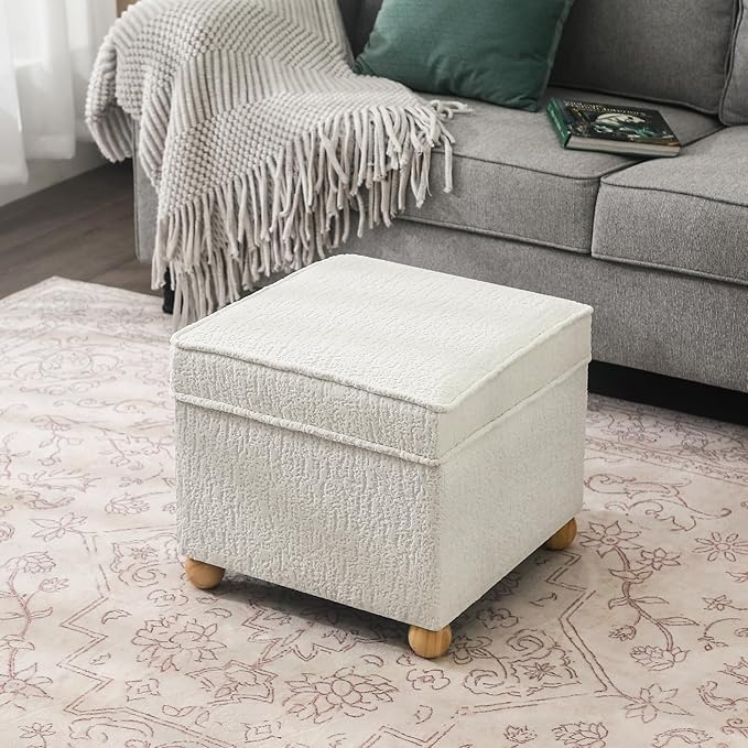 Adeco 17 Inch High Faux Fur White Cube Ottoman Storage, 3D Embossed Velvet Chair Foot Stools, Upholstered Vanity Stool with Hinged Lid, Solid Round Wood Legs-DeskLoop Office