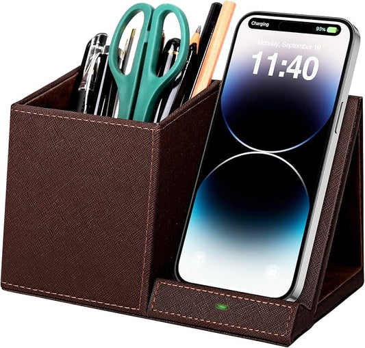 2-in-1 Pen Holder with Wireless Charger, Compatible with iPhone 16/15/14/13/12/11/8 Series, Pencil Holder Phone Stand for Desk Home Office, Men Gift Husband Wife Anniversary Dad Birthday Idea Gadget-DeskLoop Office