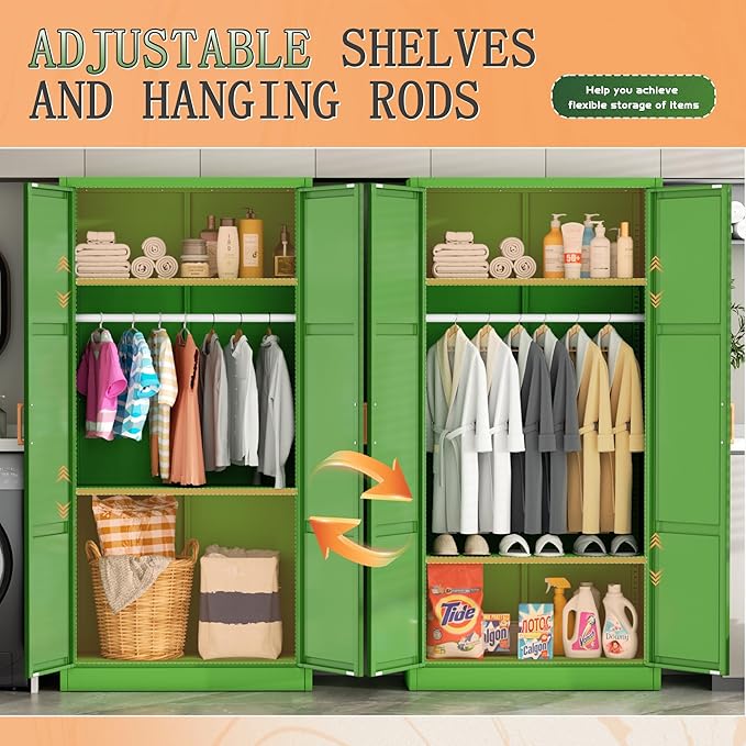 Greenvelly Metal Storage Wardrobe Cabinet with Lock, 71" Green Metal Wardrobe Closet for Hanging Clothes with Doors and Shelves, Modern Steel Clothes Closet for Home, Office and Bedroom, School,Gym-DeskLoop Office