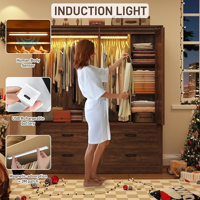 Farmhouse 4 Doors Armoire Wardrobe Closet w/Folding Sliding Barn Door and Lights, LED Armoire Closet w/Drawers for Bedroom, Freestanding Wooden Wardrobe Storage Closets w/Hanging Rod,Rustic Brown-DeskLoop Office