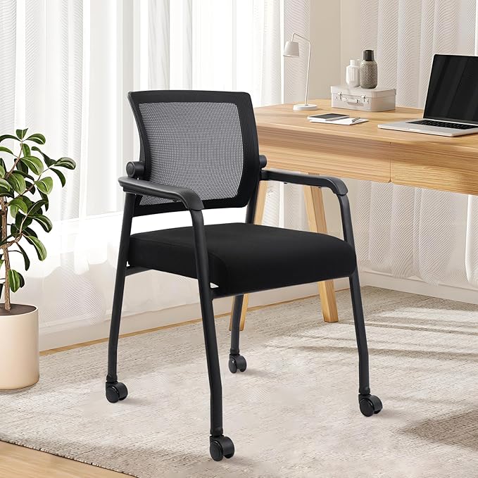 Waiting Room Chairs with Wheels, Adjustable Mesh Backrest, Desk Chair with Ergonomic Lumbar Support and Thickened Seats Cushion, 8 Pack Black-DeskLoop Office