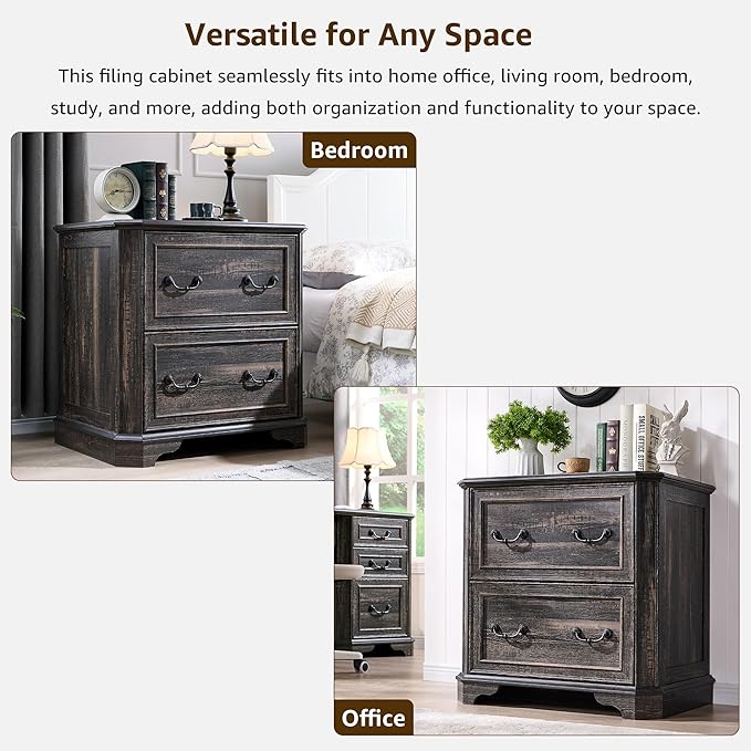 T4TREAM 2 Drawer File Cabinet-30 Wide Wooden Extended Desktop, Farmhouse Filing Cabinet with Smooth Rails, Holds Letter/Legal/A4, Hexagonal Design & Framed Drawer Fronts, Dark Rustic Oak-DeskLoop Office