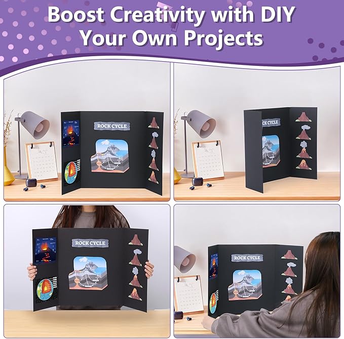 3 Pack Medium Trifold Poster Board 26" x 16" Tri Fold Poster Boards Black Corrugated Cardboard Project Boards for Presentations, School Projects, Science Fair, Exhibition Event Display-DeskLoop Office
